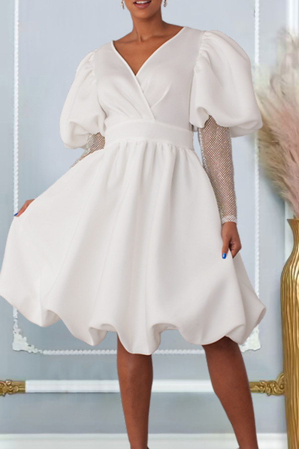 Robes trapèze blanches élégantes en patchwork uni avec col en V