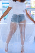 Белые элегантные однотонные лоскутные длинные платья из прозрачной сетки с круглым вырезом
