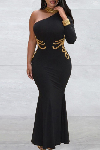 Schwarze, elegante, ausgehöhlte Patchwork-Hot Drill-Abendkleider mit O-Ausschnitt
