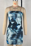 ブルーのセクシーなプリント パッチワーク ストラップレス ラップ スカート ドレス