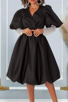 Schwarze, elegante, einfarbige Patchwork-Kleider mit V-Ausschnitt und A-Linie