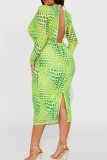 Зеленые сладкие принты в стиле пэчворк с открытой спиной и разрезом с круглым вырезом Длинные платья больших размеров