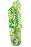 Vert doux imprimé patchwork dos nu fente col rond longues robes de grande taille
