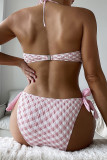 Pink Sportswear Plaid Bandage Hollowed Out Patchwork Swimwears(With Paddings)