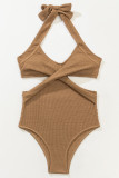 Brownness Sportswear Solid Bandage Hollowed Out Patchwork Swimwears(With Paddings)