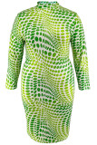 Grüne, süße, bedruckte Patchwork-Kleider in Übergröße, rückenfrei, Schlitz, O-Ausschnitt, lang