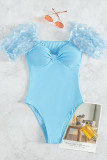Costumi da bagno con farfalla senza schienale patchwork tinta unita lago blu sportivo (con imbottitura)