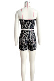 Red Street Solid Lace Patchwork See-through Strapless Sleeveless Two Pieces Tube Crop Tops And Shorts Sets