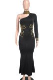 Schwarze, elegante, ausgehöhlte Patchwork-Hot Drill-Abendkleider mit O-Ausschnitt