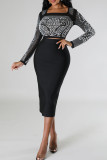 Black Elegant Patchwork Slit Beading Hot Drill Zipper Square Collar Long Sleeve Two Pieces