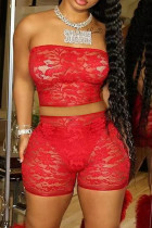 Red Street Solid Lace Patchwork See-through Strapless Sleeveless Two Pieces Tube Crop Tops And Shorts Sets
