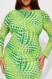 Green Sweet Print Patchwork Backless Slit O Neck Long Plus Size Dresses