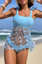 Lake Blue Sportswear Solid Bandage Patchwork See-through Mesh Butterfly Swimwears(With Paddings)