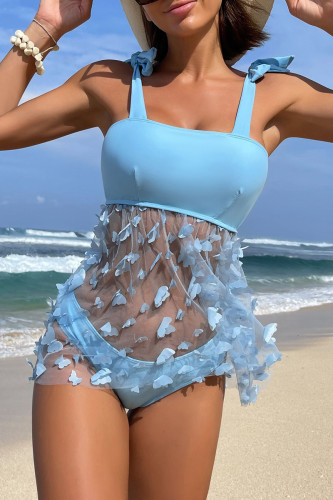 Голубая спортивная одежда, однотонные лоскутные купальники с прозрачной сеткой и бабочками (с подкладками)