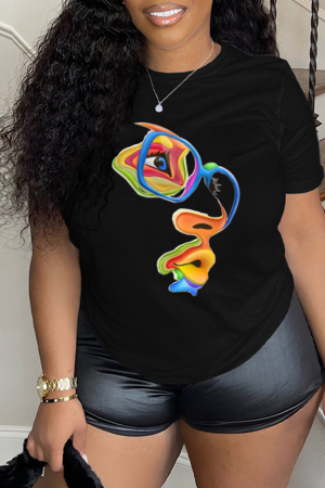 Black Street Print Patchwork O Neck T-Shirts