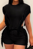 Black Street Solid Tassel Hollowed Out Patchwork O Neck Plus Size Two Pieces