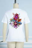 White Casual Print Patchwork O Neck T-Shirts