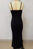 Black Casual Solid Patchwork Backless Spaghetti Strap Sling Dresses