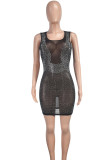 Black Celebrities Solid Patchwork See-through Hot Drill U Neck Wrapped Skirt Dresses