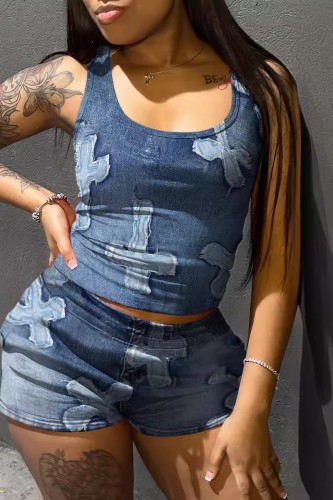 Royal Blue Casual Print Basic U Neck Sleeveless Two Pieces Cross Tank Crop Tops And Shorts Sets