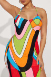 Mehrfarbiges sexy Print-Patchwork-langes Neckholder-Kleid mit hoher Öffnung