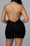 Black Celebrities Solid Hollowed Out Sequins Patchwork See-through Mesh O Neck Wrapped Skirt Dresses