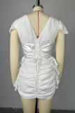 Weiße, süße, einfarbige Patchwork-Kleider mit V-Ausschnitt und A-Linie