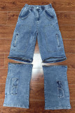 Azul claro sexy sólido retalhos bolso zíper cintura alta jeans reto