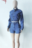 Light Blue Vintage Solid Patchwork Pocket Buckle Zipper Cardigan Collar Long Sleeve Two Pieces Denim Crop Jackect And Cargo Shorts Set