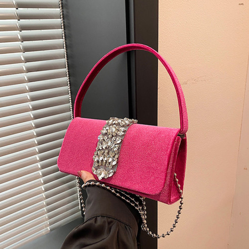 ピンクセレブのエレガントなソリッドチェーンラインストーンバッグ