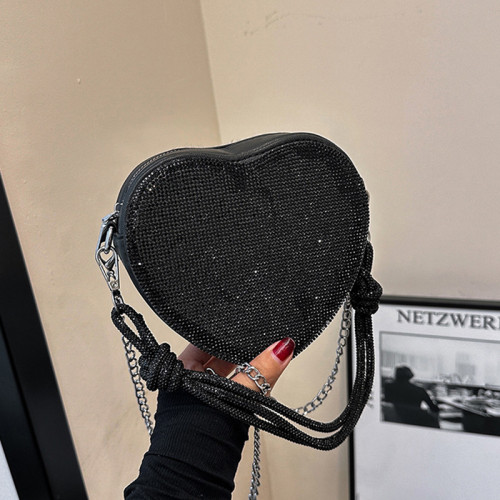 ブラックセレブのエレガントなソリッドハート型スパンコールラインストーンバッグ