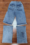 Jeans in denim dritto a vita alta con cerniera a tasca patchwork solido sexy azzurro