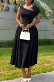 Zwarte zoete effen uitgeholde patchwork asymmetrische kraag A-lijn jurken