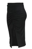 Black Elegant Solid Patchwork Draw String High Opening Wrapped Skirt Plus Size