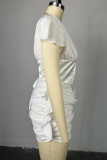 Witte zoete effen patchwork vouw V-hals A-lijn jurken