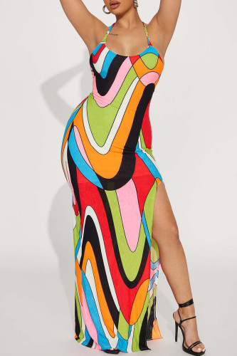 Veelkleurige sexy print patchwork hoge opening halter lange jurken