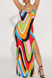 Mehrfarbiges sexy Print-Patchwork-langes Neckholder-Kleid mit hoher Öffnung