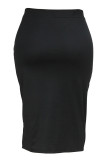 Jupe enveloppée noire élégante en patchwork solide avec ficelle à ouverture haute, grande taille