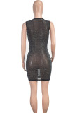 Black Celebrities Solid Patchwork See-through Hot Drill U Neck Wrapped Skirt Dresses