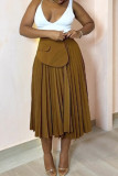 Light Brown Sweet Solid Patchwork Pleated Boot Cut High Waist Speaker Solid Color Bottoms