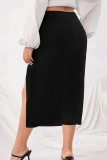 Falda envuelta con abertura alta y cordón de dibujo de patchwork liso elegante negro talla grande