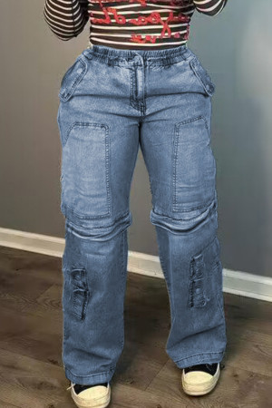 Light Blue Sexy Solid Patchwork Pocket Zipper High Waist Straight Wide Leg Cargo Denim Jeans