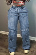 Azul claro sexy sólido retalhos bolso zíper cintura alta jeans reto