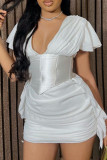 Vestido branco doce sólido patchwork com decote em V e linha A