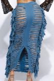 Azul sexy sólido borla rasgado retalhos em linha reta cintura alta reta cor sólida bottoms