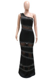 Black Sexy Solid Patchwork See-through Hot Drill Oblique Collar Long Dresses
