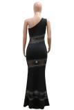 Black Sexy Solid Patchwork See-through Hot Drill Oblique Collar Long Dresses