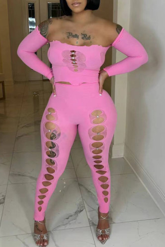 Розовый сексуальный ажурный лоскутный комплект из двух предметов с открытыми плечами и длинными рукавами
