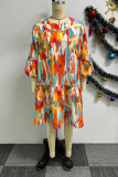 Orange Casual Street Daily Elegant Mixed Printing Patchwork Printing Contrast Dresses