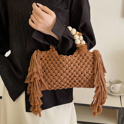 Brown Daily Striped Patchwork Sólido Tassel Patchwork Zipper Weave Bags